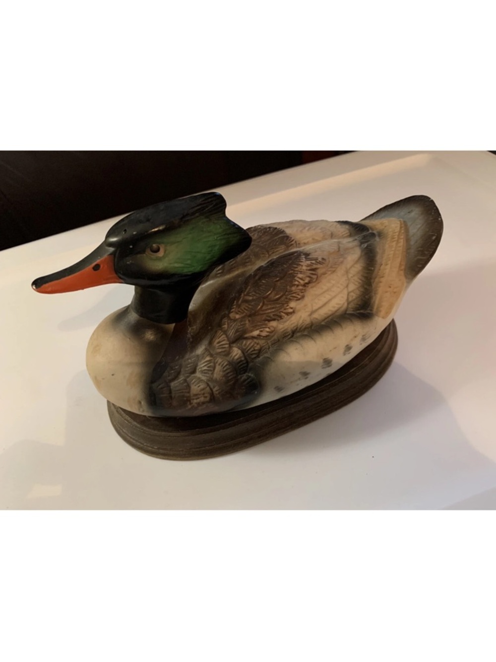 Vintage‎ Hand painted Porcelain Duck on wooden block stand 10" long